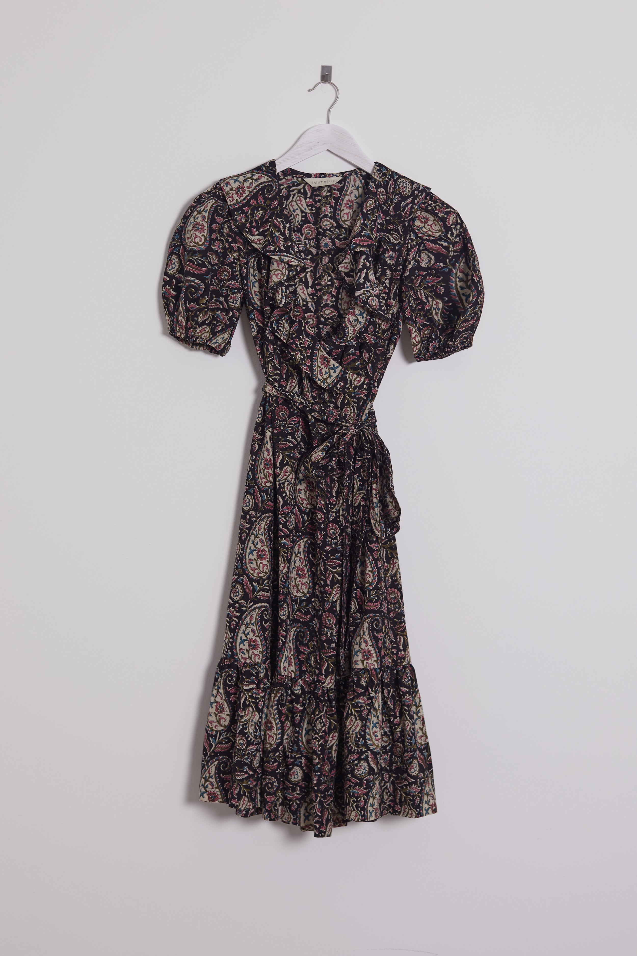 Victoria Puff Sleeve Wrap Silk Block Print Dress