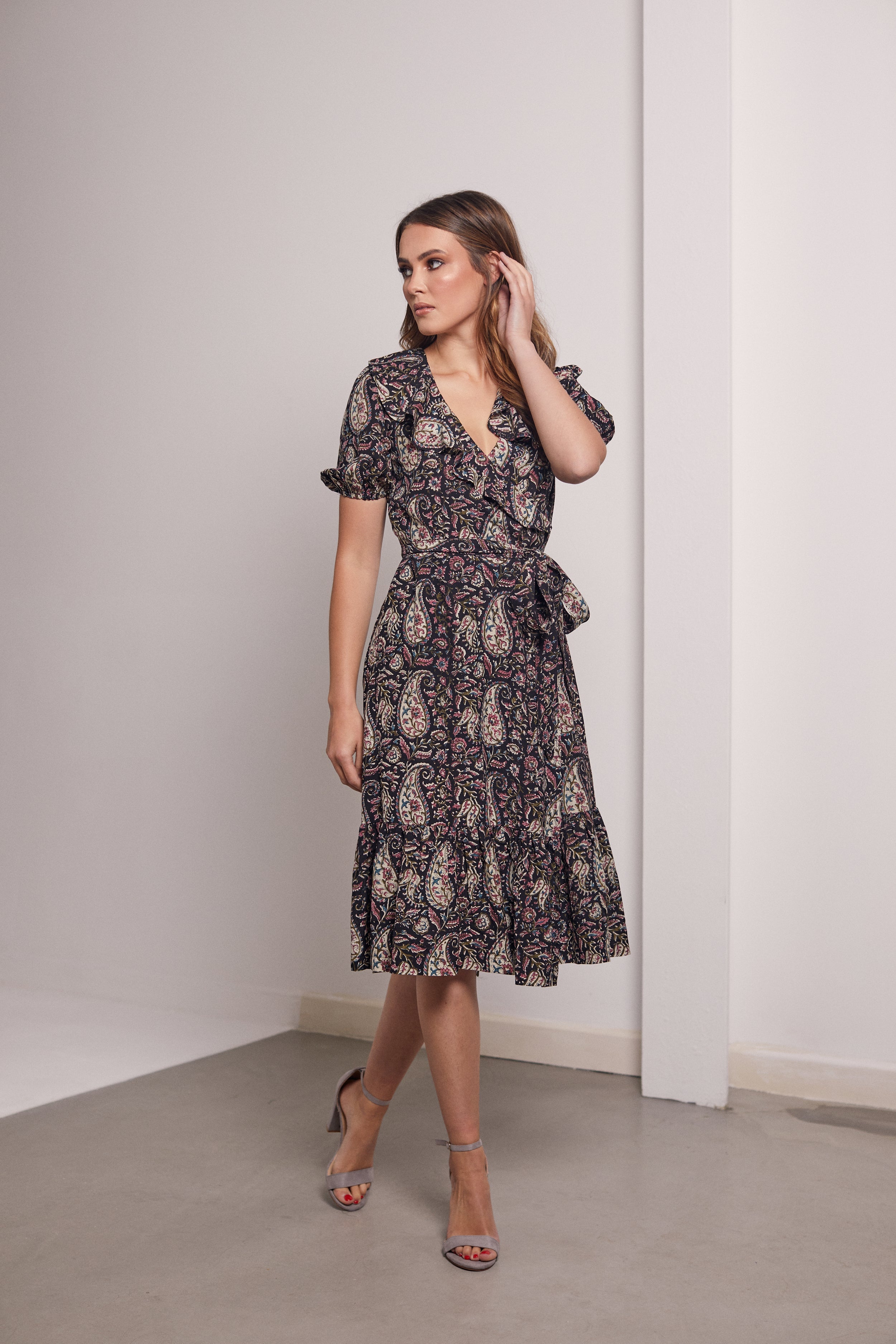 Victoria Puff Sleeve Wrap Silk Block Print Dress