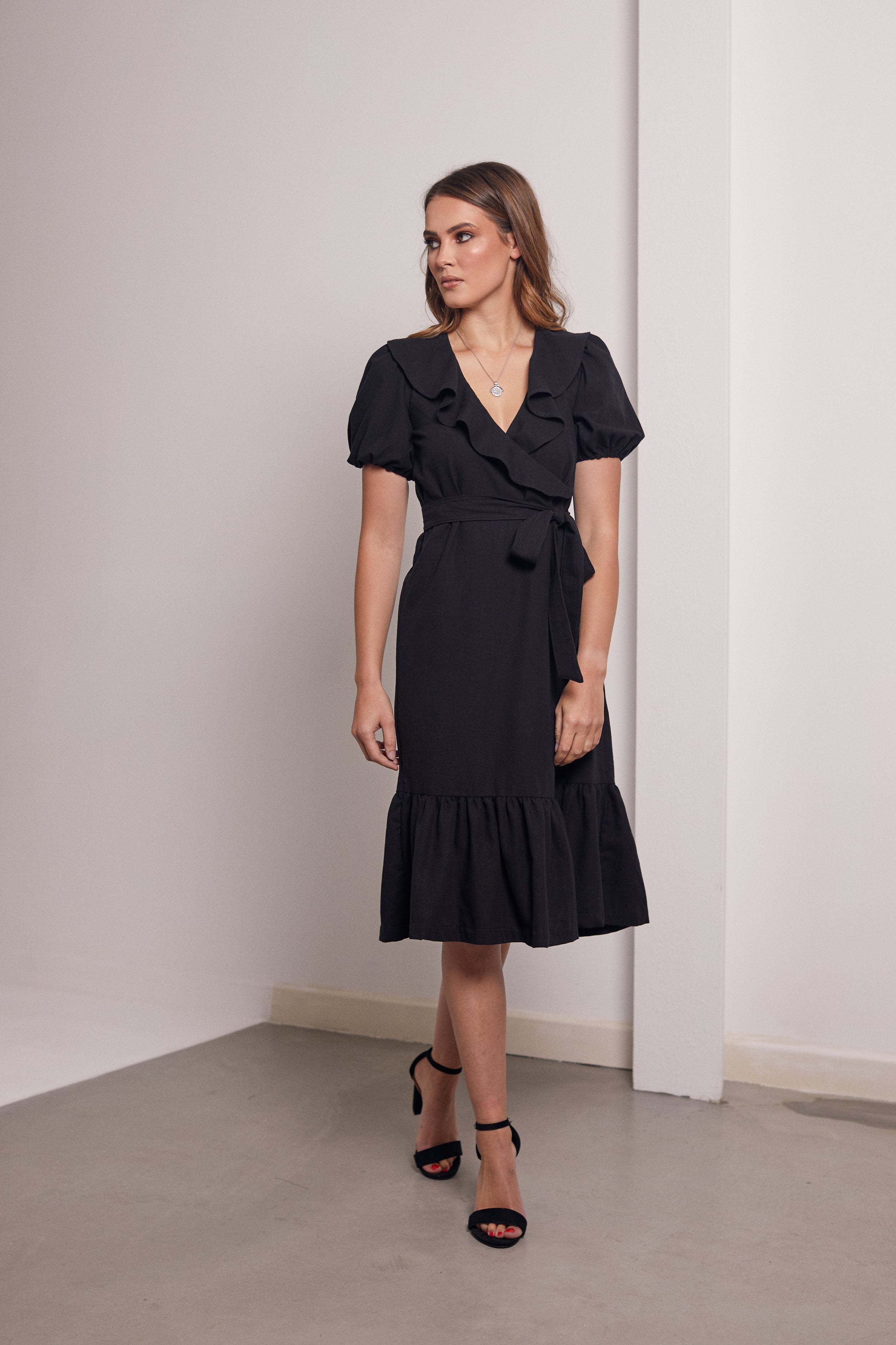 Marie Puff Sleeve Wrap Cotton Midi Dress