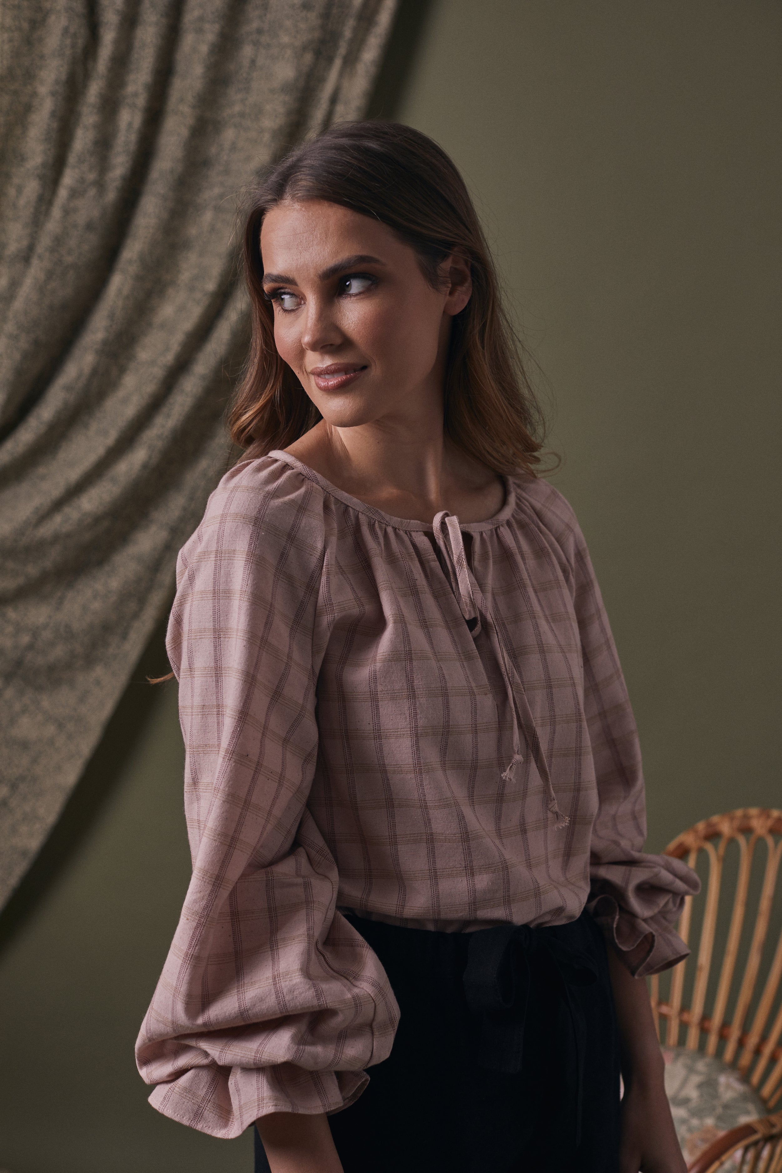Estelle Blush Pink Check Organic Cotton Tie Top