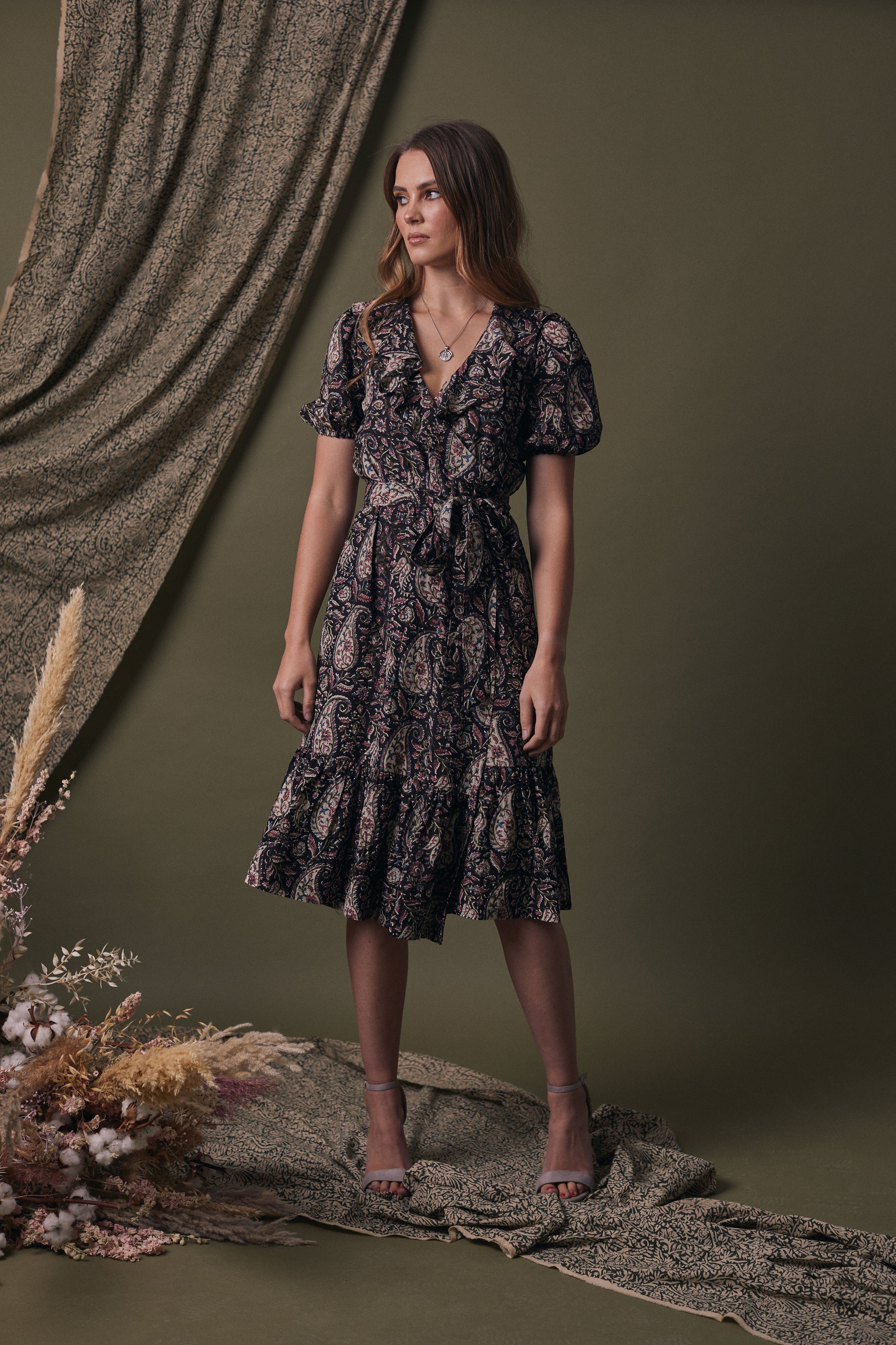 Victoria Puff Sleeve Wrap Silk Block Print Dress