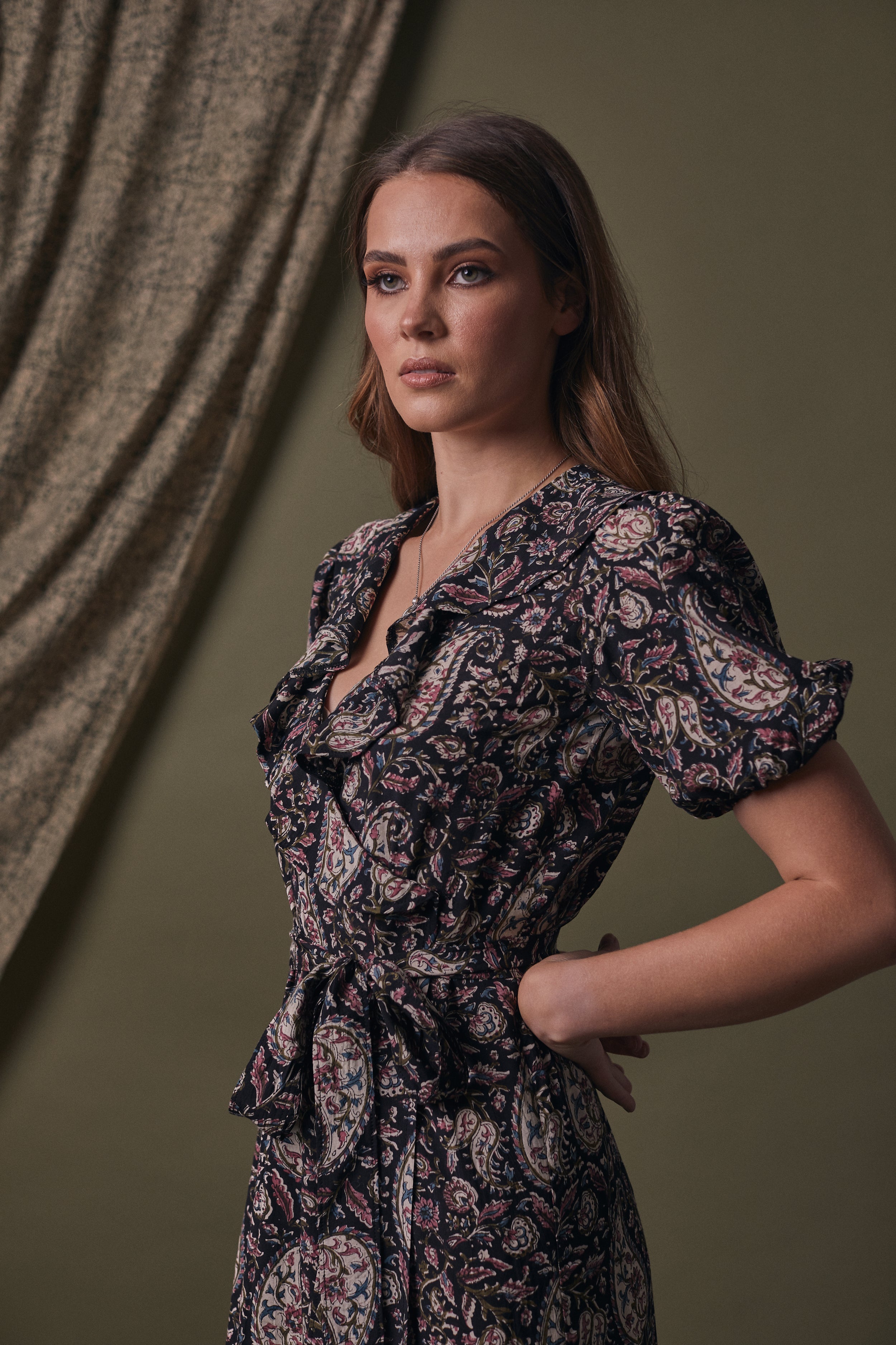 Victoria Puff Sleeve Wrap Silk Block Print Dress