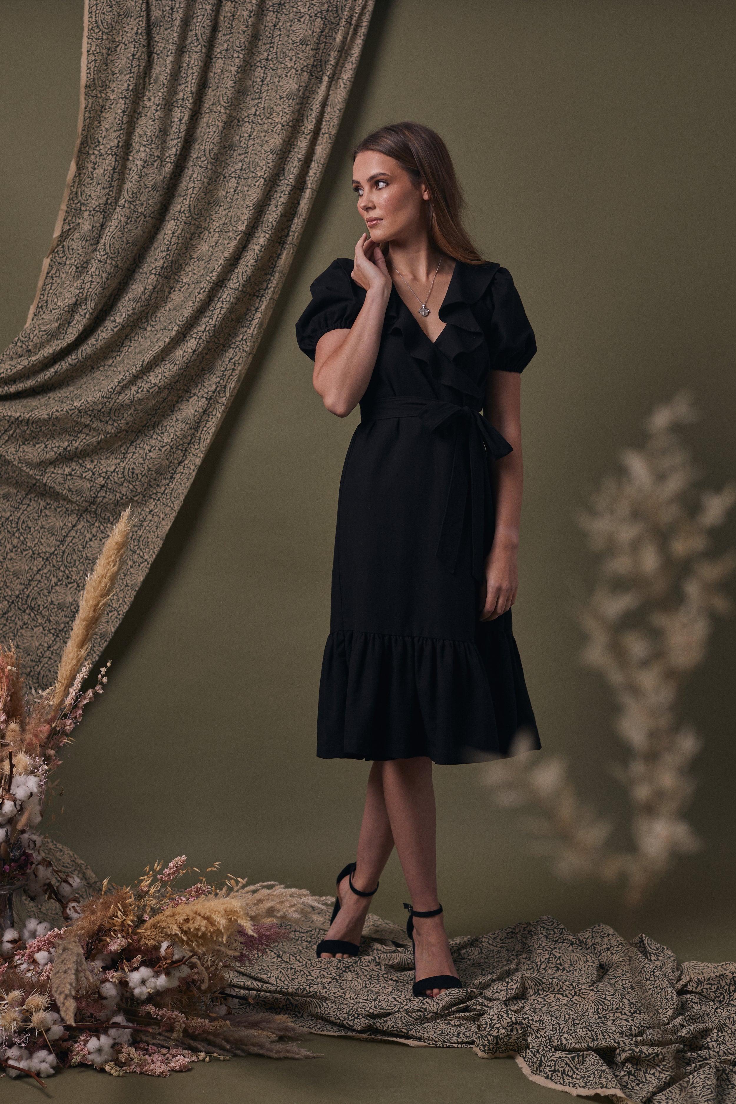 Marie Puff Sleeve Wrap Cotton Midi Dress