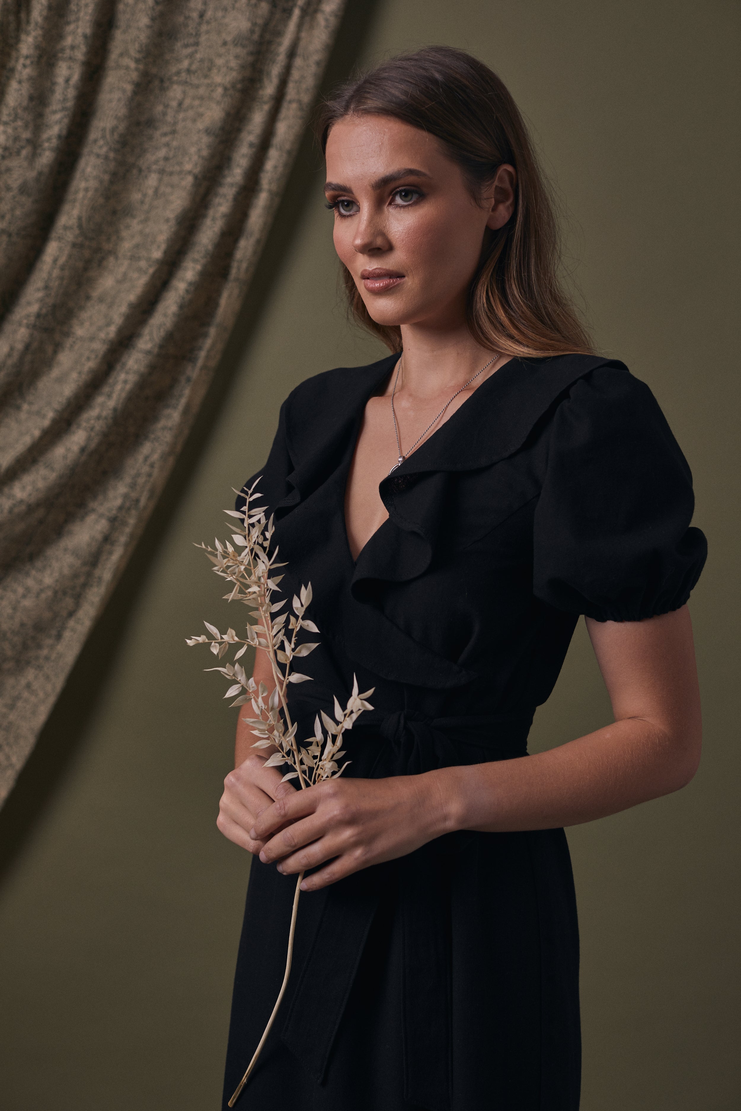 Marie Puff Sleeve Wrap Cotton Midi Dress