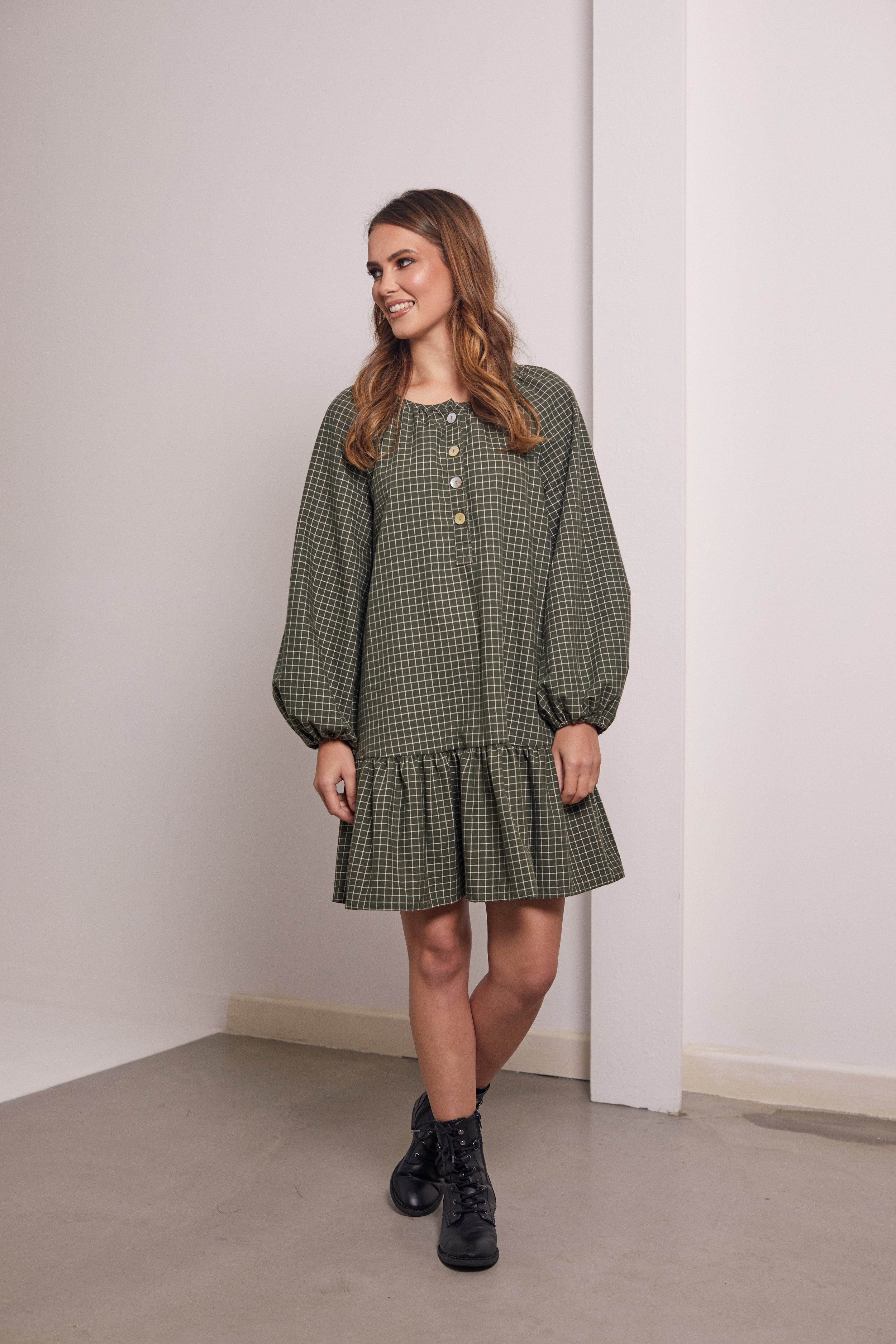 Noe Check Organic Cotton Smock Mini Dress