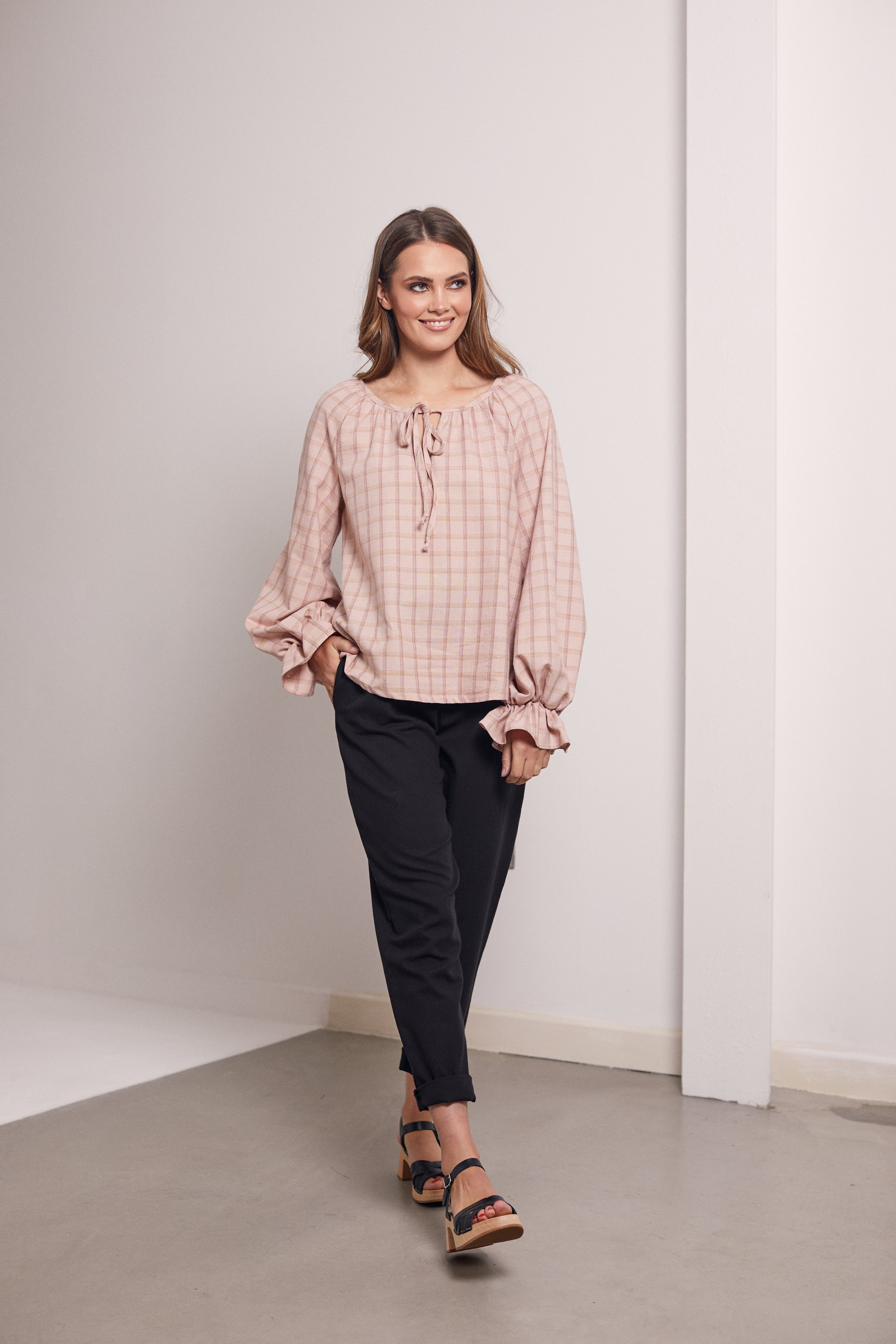 Estelle Blush Pink Check Organic Cotton Tie Top