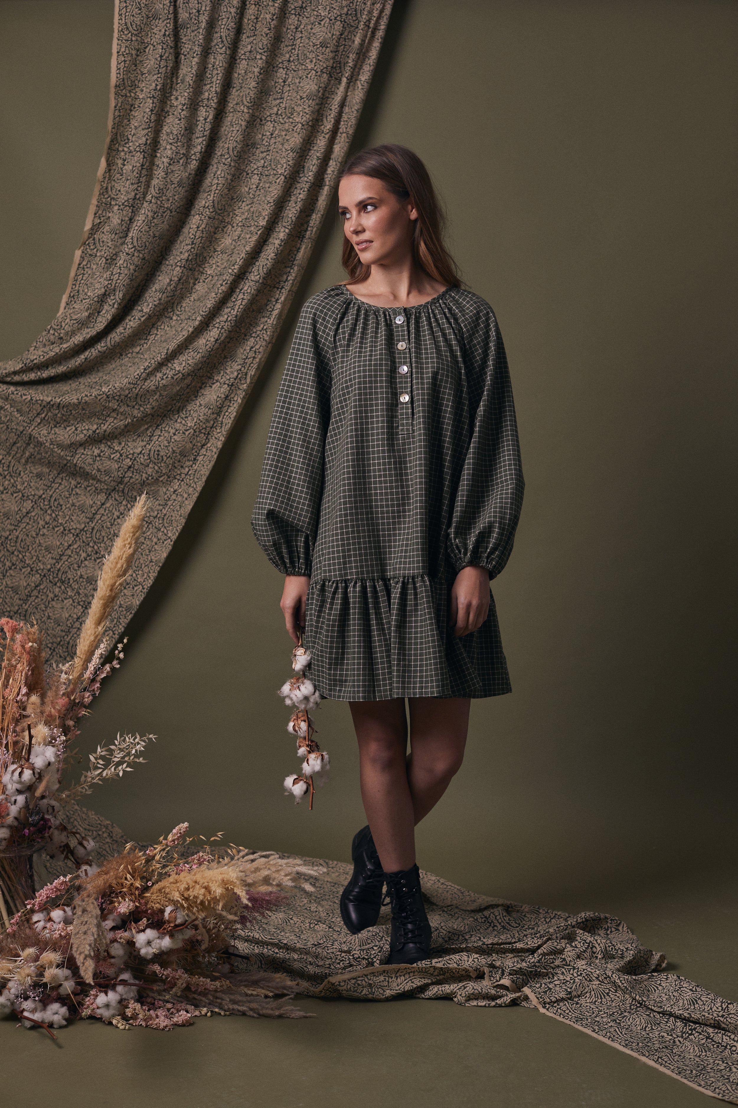 Noe Check Organic Cotton Smock Mini Dress